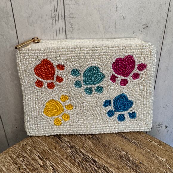 Beaded Coin Purse Wallet White Paw Prints Dog Lover Womens Bag New FAST SHIP - Picture 2 of 5